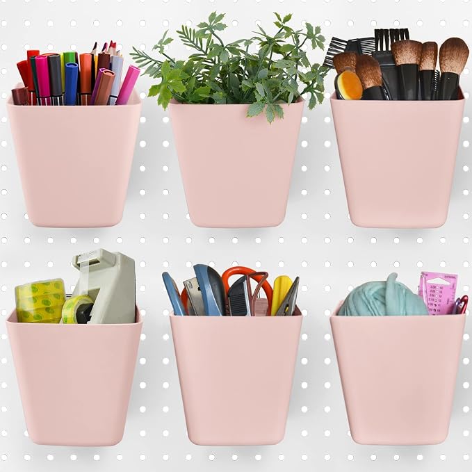 Large Pegboard Cups, 6Pack Peg Board Square Storage Bins With Hooks (Pink) | Big Open-Mouth Cups, 1/8" 1/4" Pegboard Organizer Accessories, Cup Holder for Craft Garage Workbench Office Tools Supplies