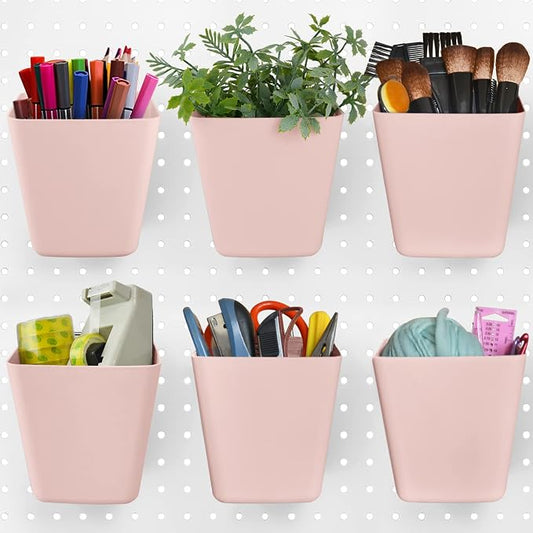 Large Pegboard Cups, 6Pack Peg Board Square Storage Bins With Hooks (Pink) | Big Open-Mouth Cups, 1/8" 1/4" Pegboard Organizer Accessories, Cup Holder for Craft Garage Workbench Office Tools Supplies