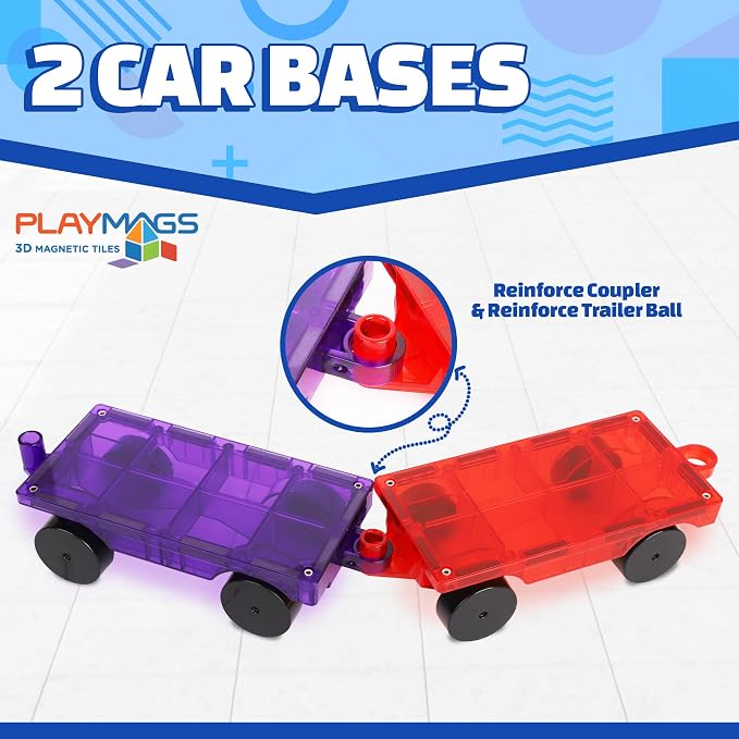 Playmags Magnetic Car Set (2 Pieces) – Strong Magnet Car Bases for Magnetic Tiles, STEM Building Toy Accessories for Kids, Compatible with Magnetic Blocks, Durable Wheels, Creative Play Add-On