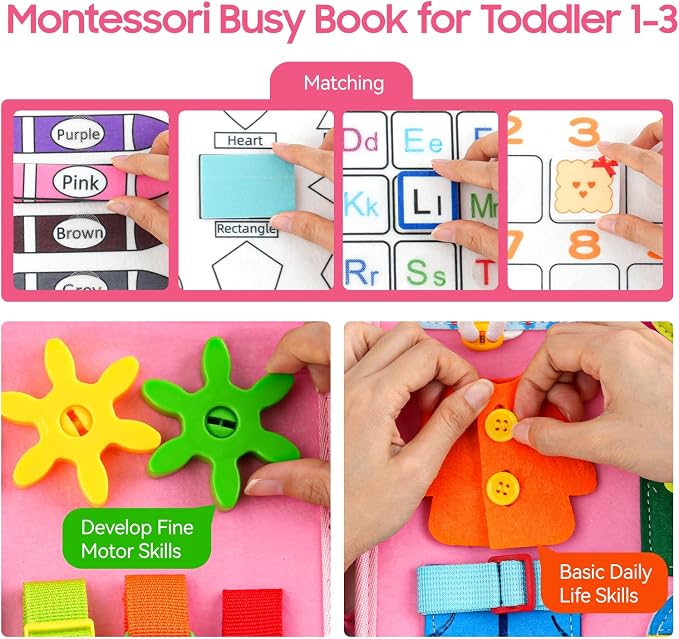 HumorPlay Busy Board Montessori Toys for 1,2,3 Year Old Girl Gifts, Sensory Educational Busy Book for Toddlers 1-3 Age, Christmas Birthday Gift for 1-2 Year Old Girl Toys