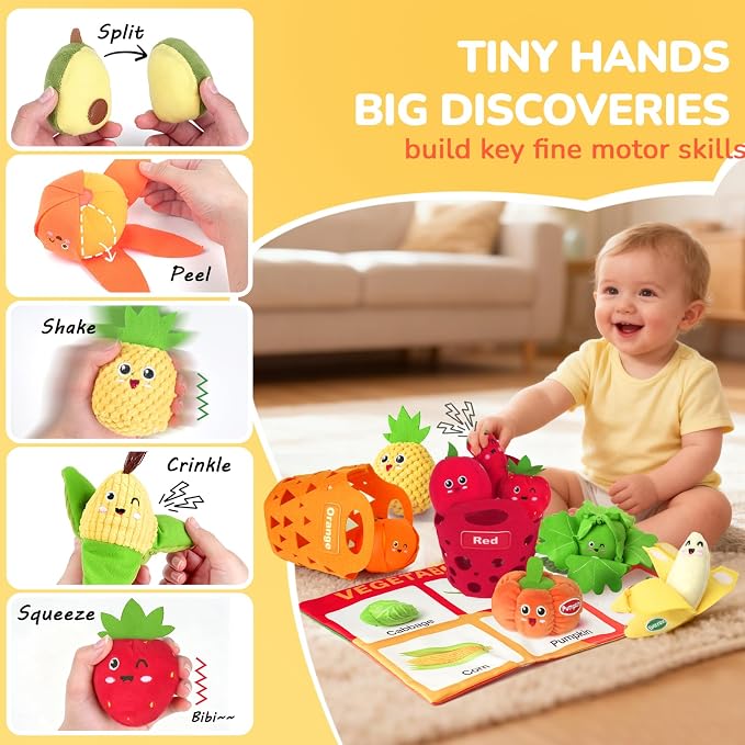 Baby Color Sorting Sensory Toys - Fruit Vegetable Play Food 1 Year Old Toys | Plush Pretend Play Toy for Toddlers 1-3, Montessori Toys Baby 6-12 Months Boy Girl Birthday Gifts, Peelable, Crinkle & Rattle