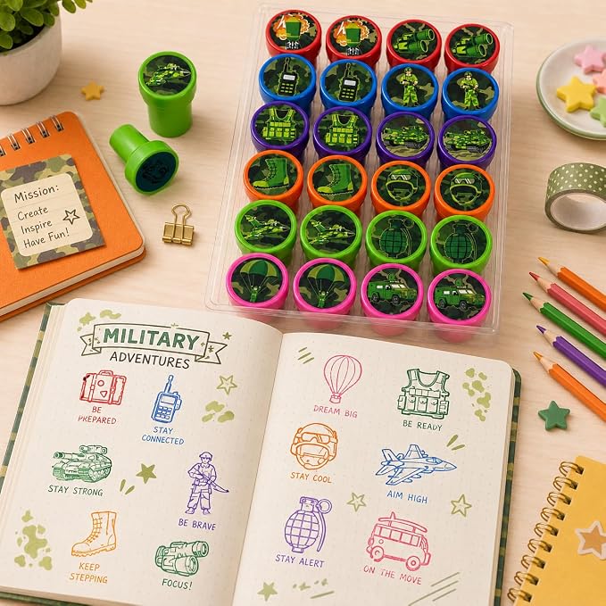 Cinrobiye 24 Pcs Military Stampers for Kids, Pre-Inked Army Soldier Stamp Set, Military Birthday Party Favors, Classroom Rewards, Goodie Bag Fillers, Treasure Box Prizes, Carnival Supplies