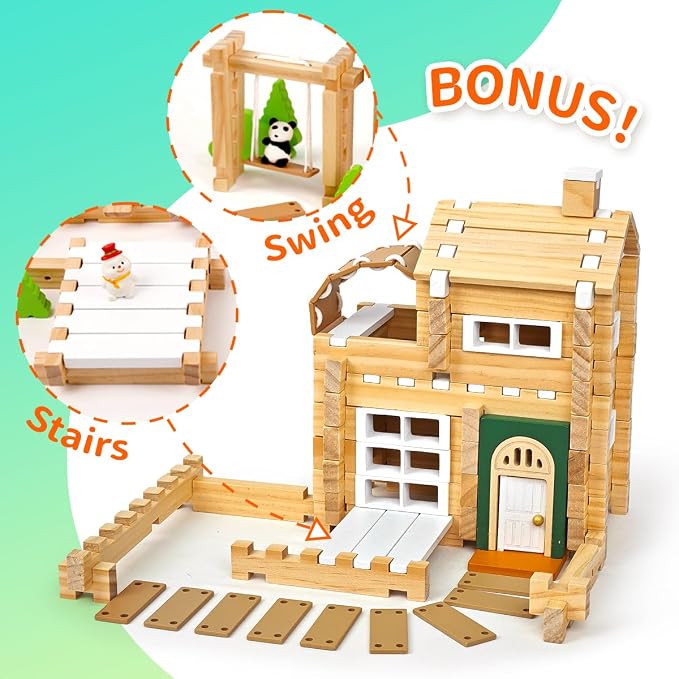 Jovi-mindly＆Notchies Building Blocks Set Wooden Blocks Toys (107 pcs) with Storage Bag, Educational Classic Wooden Blocks for Toddlers Ages 3+ Boys and Girls Aged Birthday Gift (with Printed Manual)