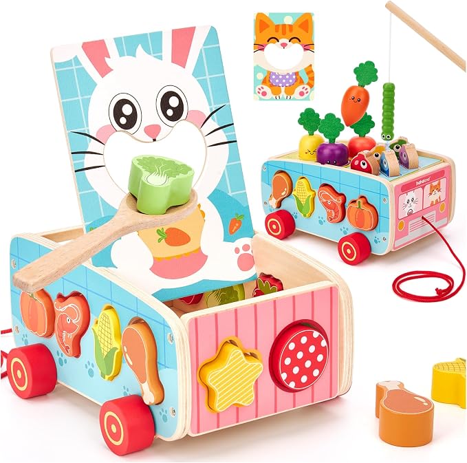 hahaland Montessori Toys 18 Month Old Girl Gifts, Wooden Toddler Toys 2-3 | Feeding Toy, Shape Sorter, Color Sorting, Magnetic Fishing, Pull Along, Fine Motor Skills Birthday Gifts