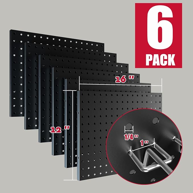 Spampur Peg Board, 6 Pack Metal Pegboard Wall Organizer with Accessories | Black Pegboard Panels with 50 Pcs Hooks and Baskets, Wall Organizer for Office, Craft Room Organization, Garage, Sewing Room