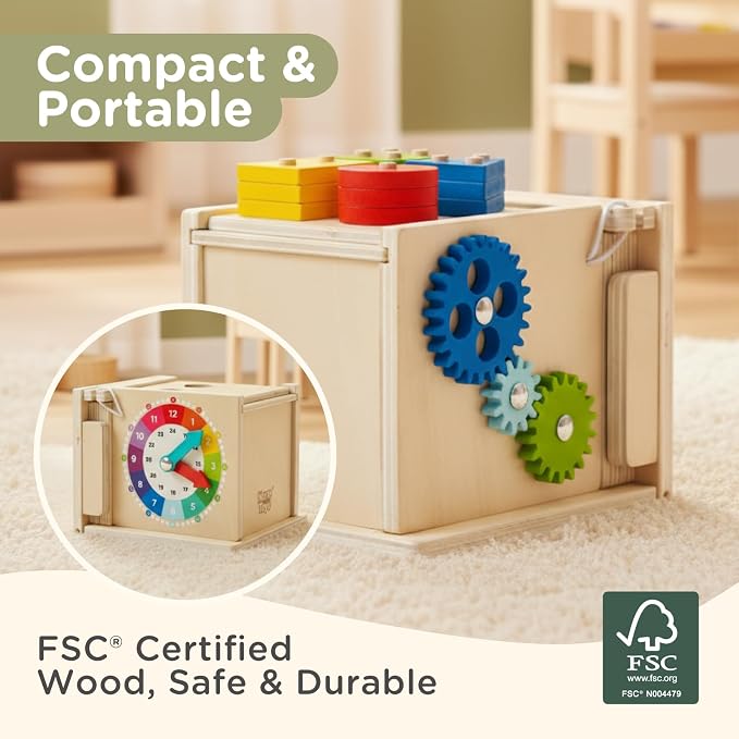 Nene Toys 7-in-1 Montessori Toy for 1 Year Old Baby – Wooden Activity Cube with Carrot Harvest, Shape Sorter & Stacking, Coin Box, Ball Drop, Gears & Clock – Gift for Toddler Boys & Girls 1 2 3 Years