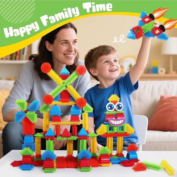 teytoy 200Pcs Building Blocks Toys,Bristle Shape Building Blocks Set | STEM Interlocking Construction Learning Toys Pretend Play for Kids Ages 3+