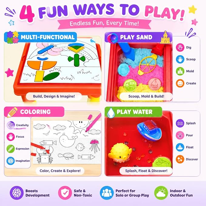 Carolart Sand Table, Indoor Outdoor Sensory Table Gift for Kids 3+ | Water Table for boys and girls, Standing sensory bin with sensory sand and tangram puzzle board