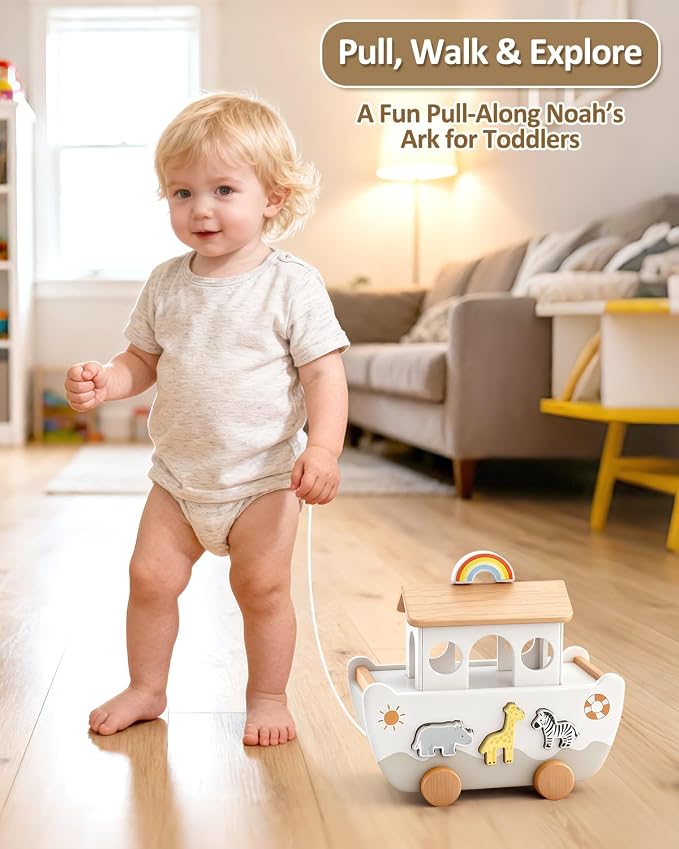 Wooden Noah's Ark Toy for Toddlers 1-3, Baptism Gift for Boys and Girls | Neutral Colors • Animal Shape Matching • Fine Motor Skills • Christian Faith Learning • Bible Story Learning