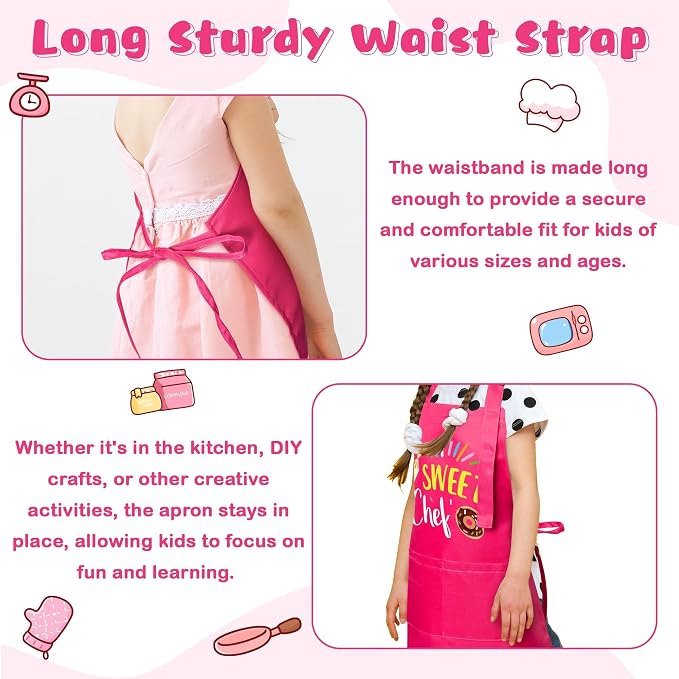 R HORSE 2 Pieces Kid Apron and Chef Hat Set, Dress up Pretend Play Toy | Rose Red Sweet Chef Adjustable Children Kitchen Apron for Girl, Ideal for Cooking, Baking, Painting, Cooking Birthday Gift