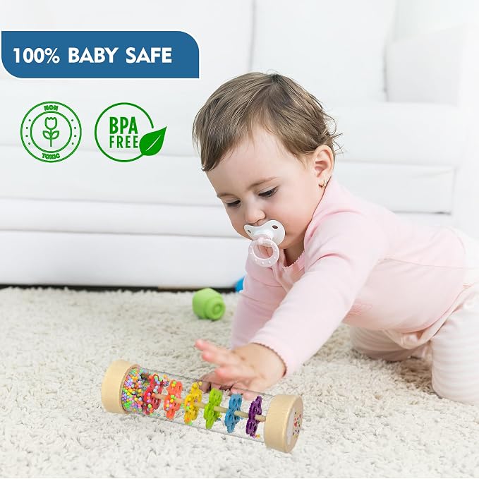 Rain Stick Montessori Baby Toys for 6-12 Months 1 Year Old, Wooden Rainmaker Infant Musical Sensory Toy, Baby Shower Gift for Newborn Toddler Boys Girls, 7.7"