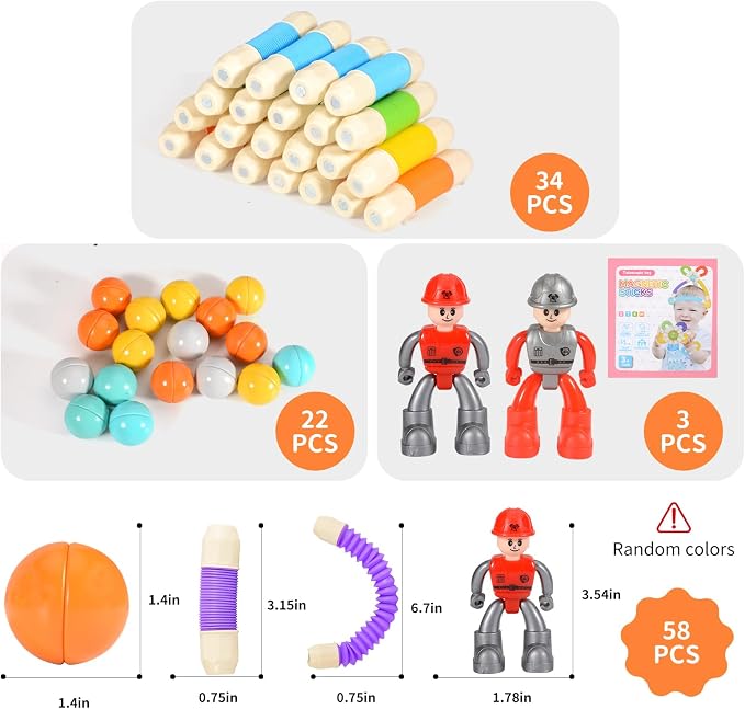 58PCS Extendable Magnetic Building Sticks STEM Montessori Toy Set Ages 3-7 | Non-toxic ABS Sealed Magnets. Extendable Bendable Sticks & Balls 3D Construction. Parent-Child Play Parties School Kids Gift