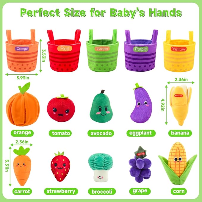 Baby Toys 6-12 Months, My First Fruits & Vegetables Sensory Toys with Rattle Crinkle Sounds Color Sorting Play 15 PCS, Montessori Toys for 1 Year Old, Toddler Stocking Stuffers Baby Boy Girl Gifts