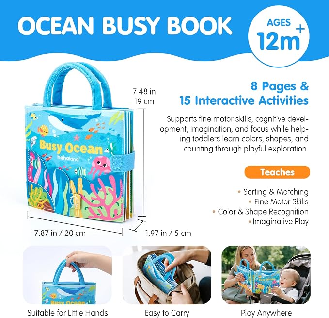 hahaland Ocean Busy Book for Toddlers 1-3, Busy Board for 1 Year Old Girls | Montessori Sensory Activity Toys, Travel Toy for 1 2 3 Year Old, Educational Fine Motor Skills Learning Toys, Birthday Gifts