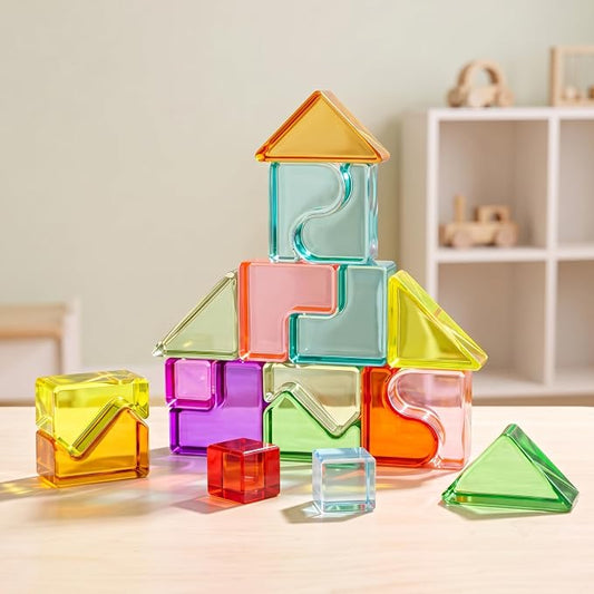 Rainbow Building Blocks for Kids, Montessori Color Matching Block Toys 3-6 | 18 PCS Acrylic Color Sorting Game, Montessori Stacking Toy for 3 4 5 6 Year Old,Educational STEM Creative Toys for Boy Girl