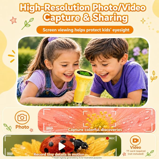 1000X Kids Microscope Handheld Camera, 2'' Screen Wonder Quest Microscope Camera for Kids, Educational Magnifying Glass Toy, Christmas Birthday Gifts for Age 3 4 5 6 7 8 9 10 11 12 Girls Boys - Yellow