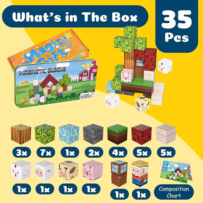 OAR 35 PCS Magnetic Blocks for Kids Ages 3-8, Farm Animal STEM Travel Toy | 35 Magnetic Cubes In An Iron Box Spark Creativity, Hand-Eye Coordination And STEM Thinking; Screen Free Travel Toy For Kids