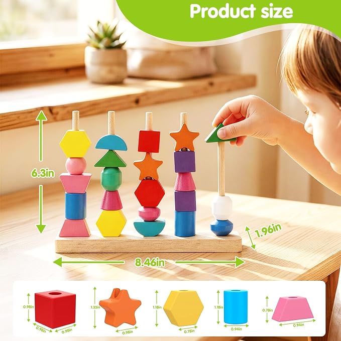 Montessori Wooden Threading Beads Set for Toddlers 3 4 5, Bead Sequencing & Stacking Toy with Pattern Cards, Lacing Beads, Shape Matching Stacker, Fine Motor STEM Learning Gift