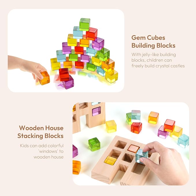 Woodtoe 24 PCS Rainbow Blocks Set, Wooden Building Blocks for Kids Ages 3-6 | Montessori Stacking Toy, Educational STEM Sensory Activity, Creative Building Game, 2 Wood House, Birthday Toy for Boys Girls