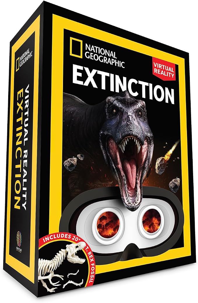 National Geographic Extinction- Kids VR STEM Science Kit, Gift Ages 8-12 | Virtual reality goggles, AR dinosaur discovery, 40-page book, 20in T-rex fossil build & display, learn archaeology & history