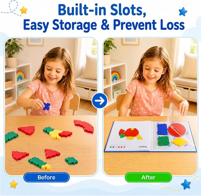 PRE-WORLD Pattern Blocks, 30 Pcs Interlocking Geometric Puzzle Kids 3+,IQ Puzzle Book, 101 Patterns, Non-Toxic Plastic, Math & Geometry Learning, Portable Storage for Home, Travel, Classroom