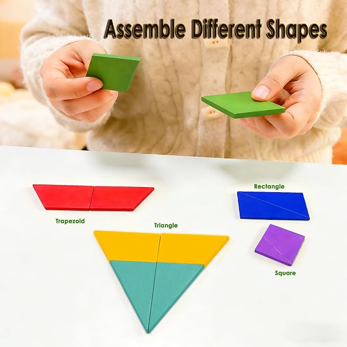 KINGOU Wooden Hexagon Puzzle Tangram for Kids and Adults, 12 Large Pieces Montessori Geometric Shape Brain Teasers, STEM Logic Game Learning Toy, Creative Desktop Coffee Table Travel Puzzle Gift
