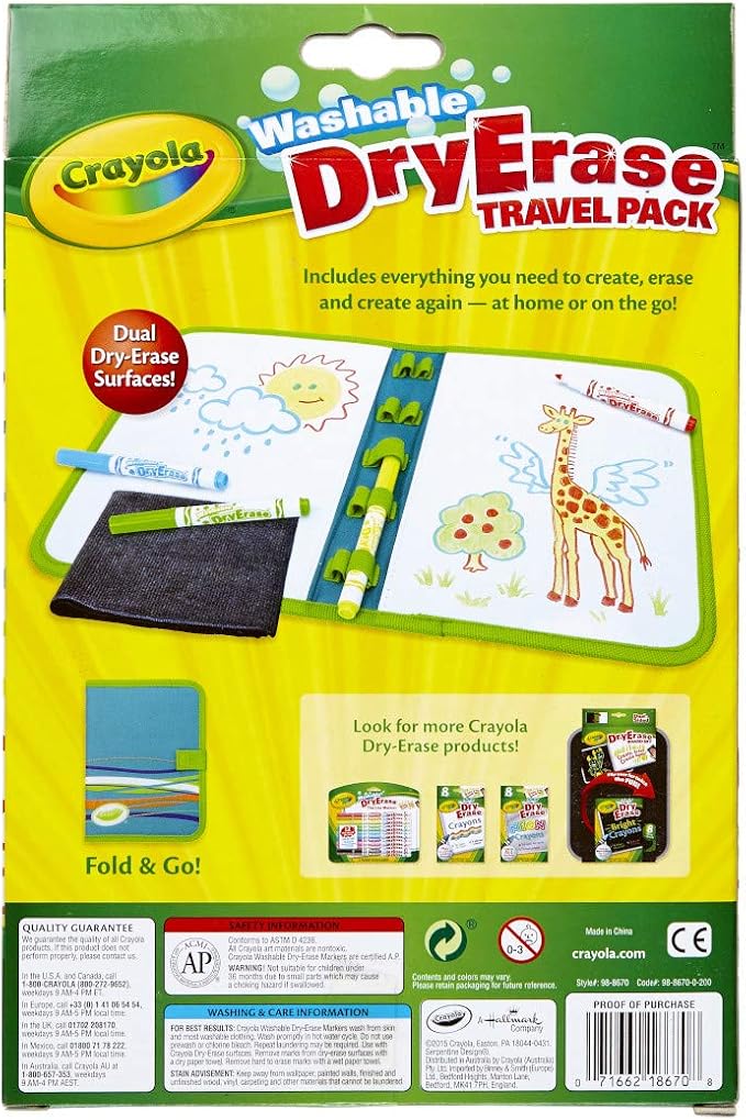 Crayola Washable Dry Erase Travel Pack, Whiteboard for Kids, Ages 4, 5, 6, 7 | Portable Travel Toy for Kids, Birthday, Holiday Gift, Reusable Drawing & Coloring Board Activity, Includes Washable Markers
