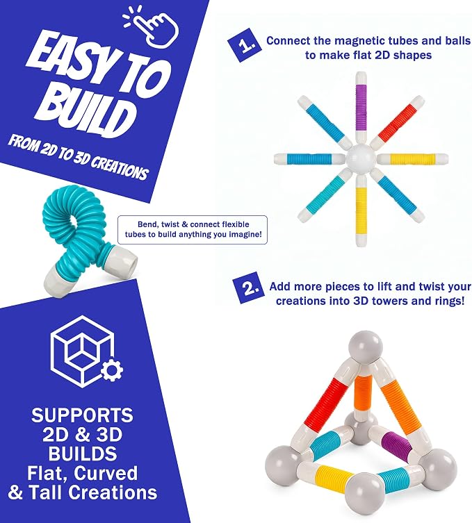 Magnetic Building Sticks for Toddlers 1-3, Flexible STEM Construction Toy | Montessori-Inspired Sensory Play, Soft Flexible Magnets, Creative Building Kit for Boys and Girls Ages 3-6