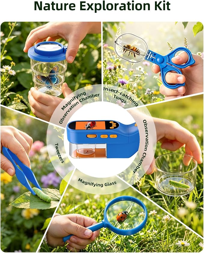 Ashfly Bug Catcher for Kids, Handheld Microscope for Kids with Screen | No-touch catching with clear chamber, manual focus, photo/video and USB-C PC viewing for close-up insect observation