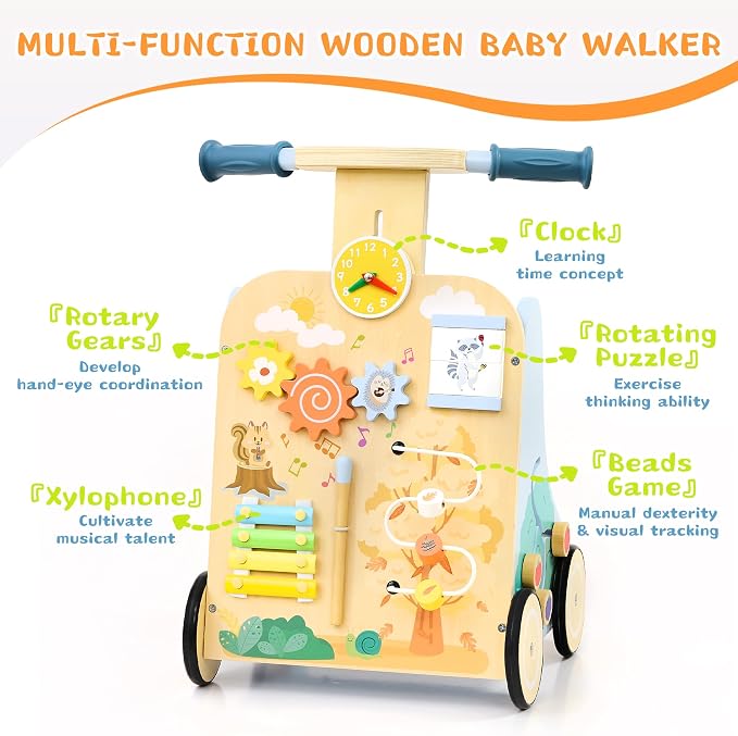 Baby Walker with 7-in-1 Montessori Activity Center for Toddlers | Wooden Baby Walker with Wheels Includes Montessori Sensory Toys and Activity Center 6-18 Months for Boys and Girls