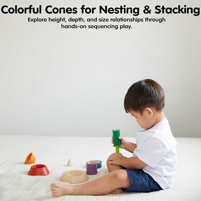 PlanToys® Cone Sorting Wooden Toy Set for Kids Ages 3+ Montessori Activity | cone sorting set, montessori colour size recognition, fine motor skill logic focus, ages 3+ educational wooden toy, preschool