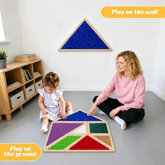7-Piece Sensory Wall Panel Set for Kids, Modular Wooden Activity Boards with Interchangeable Textures & Sequin Flip Triangles, Fine Motor & Sensory Exploration Toys for Classroom, Daycare & Home