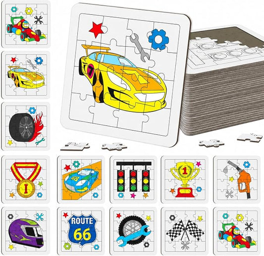Cinrobiye 24 Pcs Race Car Coloring Jigsaw Craft Kit for Kids, DIY Racing Vehicle Activity Set Bulk with 12 Designs, Checkered Flag Birthday Party Favors, Classroom Art Projects