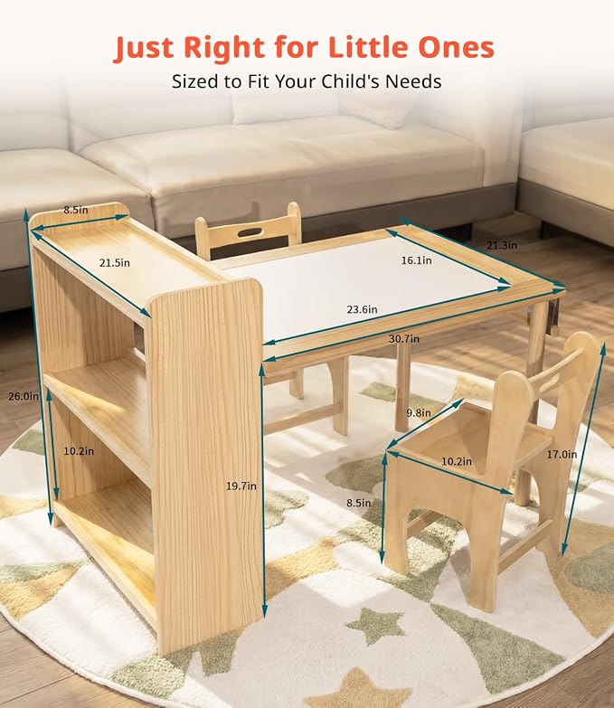 Kids Art Table and 2 Chair Set, Wooden Craft Table with Storage Shelves | Toddler Activity Desk for Creativity, Drawing, Learning & Playtime