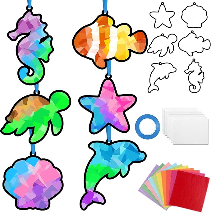 Qyeahkj 36 Set Sea Animals Suncatchers Craft for DIY Summer Tissue Paper Craft Kit Under the Sea Stained Glass Window Ornaments Decoration for Home Art Project Party Favor Gift