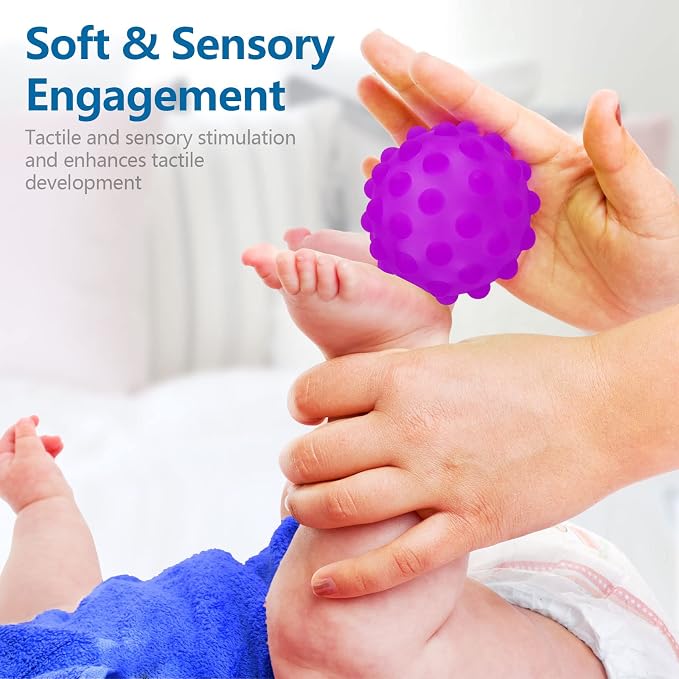 Baby Sensory Balls, 6 Textured Soft Balls for Babies 6-12 Months | 6 Multi-Texture Massage Soft Balls, Bright Colors for Touch, Squeeze and Roll Play, Birthday Gift for Infant 1 Year Old