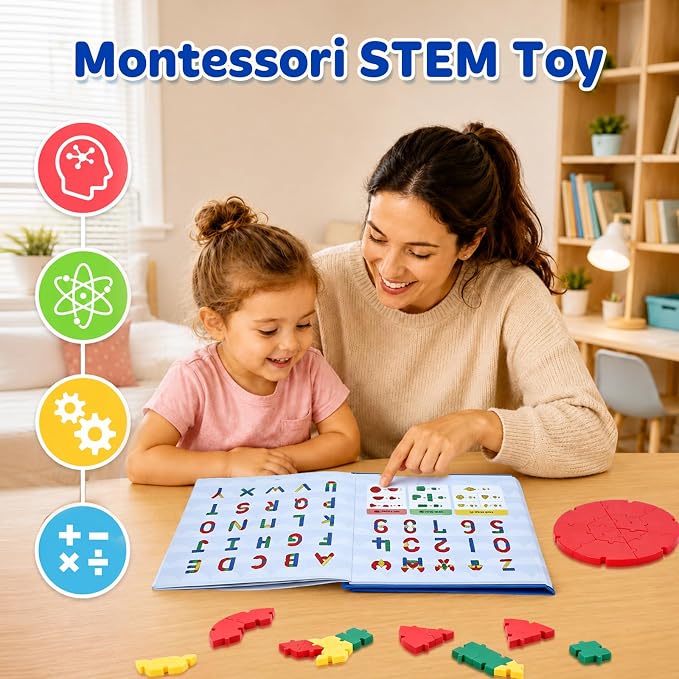PRE-WORLD Pattern Blocks, 30 Pcs Interlocking Geometric Puzzle Kids 3+,IQ Puzzle Book, 101 Patterns, Non-Toxic Plastic, Math & Geometry Learning, Portable Storage for Home, Travel, Classroom