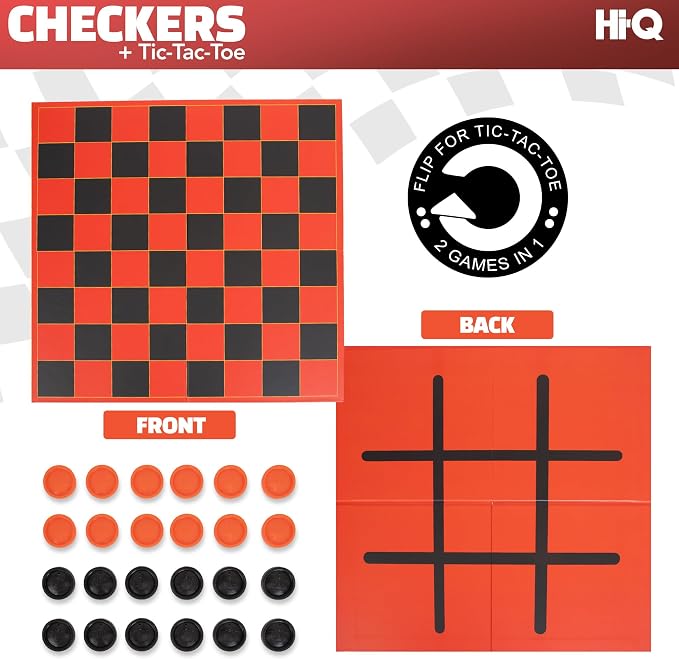 HI-Q Checkers & Tic-Tac-Toe Board Game Set – Classic Strategy for Kids & Family – Features Interlocking Stacking Pieces & Folding Board – Ages 6+