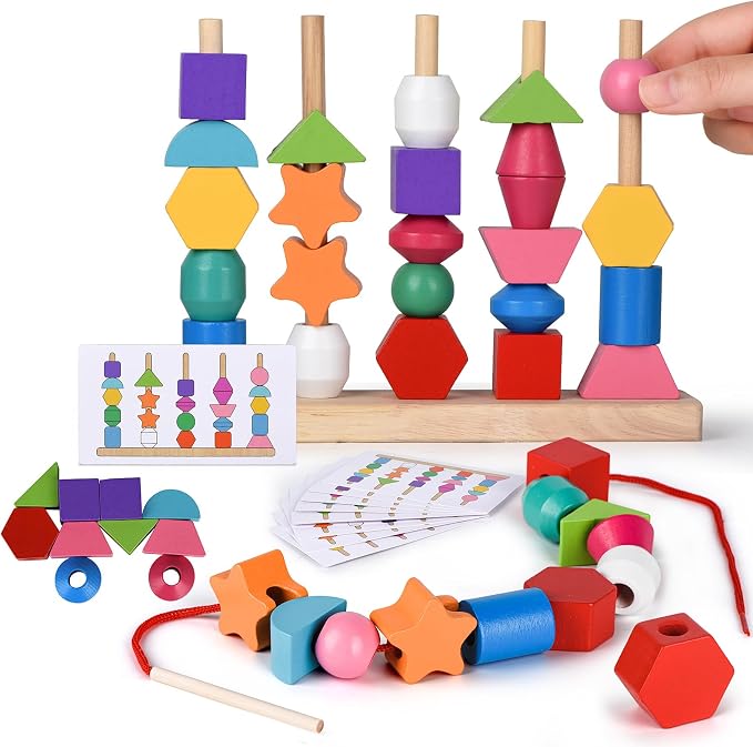 Montessori Bead Sequencing Toy Set, Wooden Stacking Blocks & Lacing Beads & Matching Shape Colors Stacker, Montessori Toys for 3 4 5 Year Old, Toddlers Preschool Learning Fine Motor Skills Toys