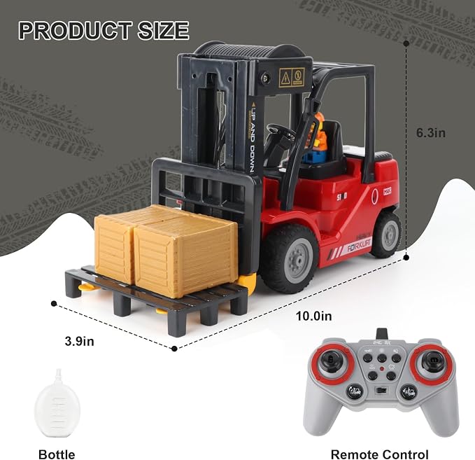 1:24 RC Forklift with Trailer, 2 in 1 Transform Lift Fork & Hook, Kids Forklift Toy with Light & Sound & Spray, 11 Channel Remote Control Forklift, Construction Toy Gift for Kids 6+ (Red)