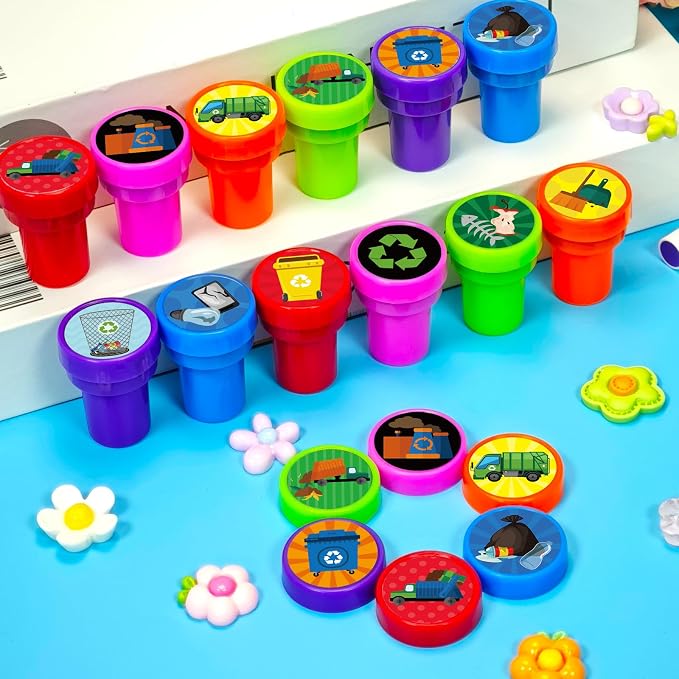 Cinrobiye 24 Pcs Garbage Truck Stampers Party Favor Set, Cute Waste Truck Stamps for Kids Birthday Party, Classroom Rewards, City Vehicle Toys, Goody Bag Fillers, Transportation Themed Party Supplies