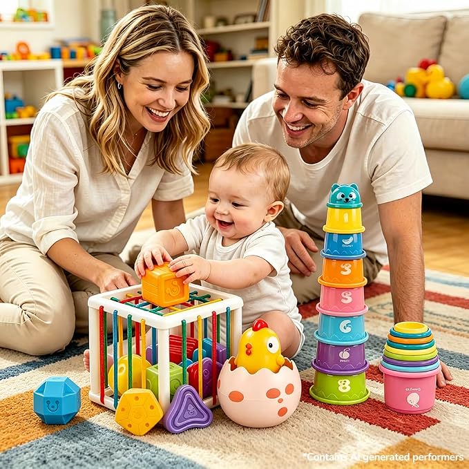 4 in1 Montessori Toys for 1 Year Old,17 Pcs Boys Girls 1st Birthday Gifts, Stacking Cups,Shape Sorter,Multi Sensory Shapes for Babies Early Educational Baby Travel Toys for Toddler 6-12 Months