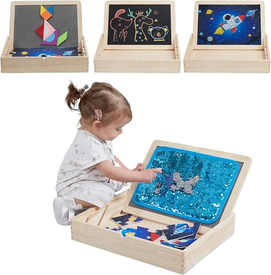Sensory Board for Toddlers & Kids – Wooden Sensory Sequin Box with Flip Mats, Space Felt Puzzle & Tangram | Montessori Sensory Toy for Calm Down Corner, Autism, Classroom & Daycare