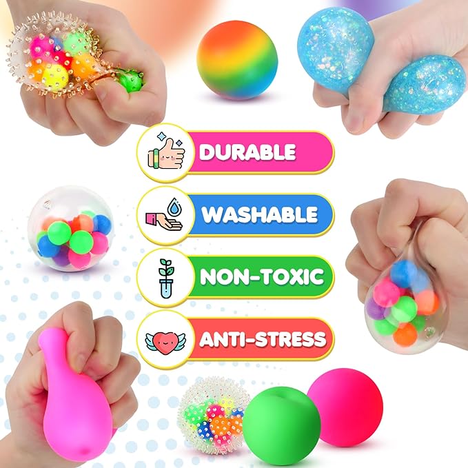 6 Set Squishy Sensory Stress Squeezing Balls for Adults | Sensory Calming Tool to Relieve Nervousness, Vent Mood and Improve Focus, Pull Stretch Fidget for Classroom Prize Box Toys