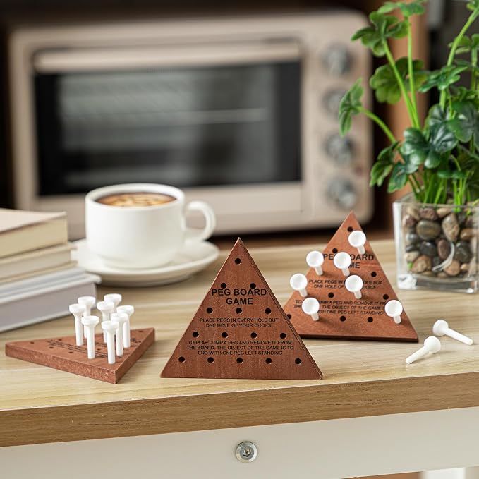 Zhanmai 10 Sets Wooden Triangle Peg Travel Game, White Peg Dark Brown Board
