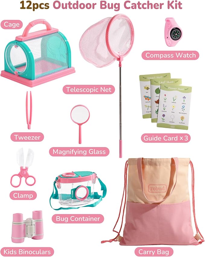ROBUD Upgraded Bug Catcher for Kids, Bug Catching Kit with Bag Kit, Pink Outdoor Exploration Set for Camping, Montessroi Toy for Kids Coming Closer to Nature，WRP59