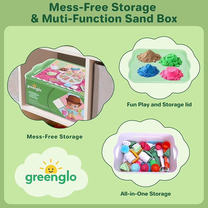 greenglo Kids Sensory Sand Playset - 2.2 LBS Colored Sand (1* Soft Magic, 3* Firm Modeling) with 23 Cake & Dessert Molds w Sensory Bin, Educational Sand Kit for Toddlers & Kids Ages 3-8