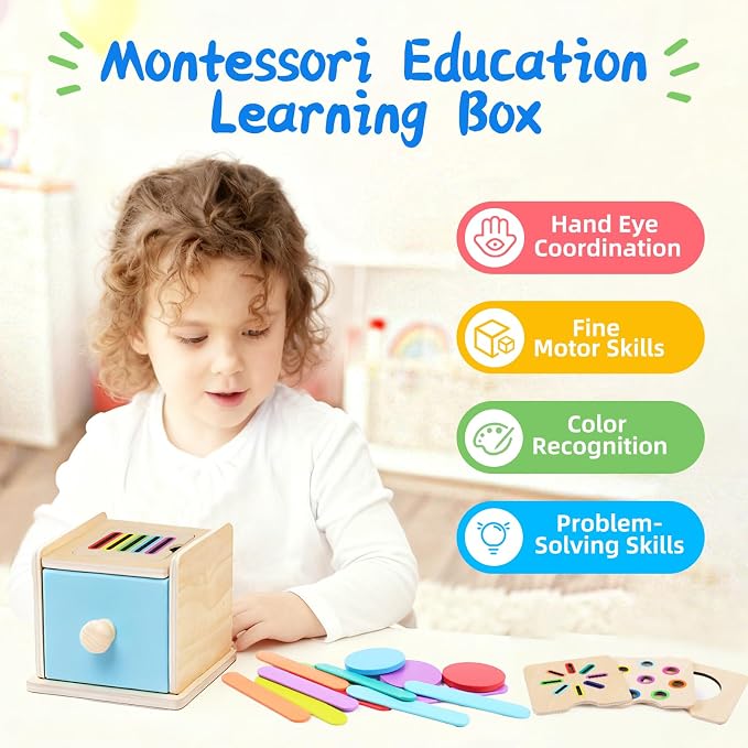 4-in-1 Montessori Coin Box, Wooden Montessori Toys for 1+ Year Old | Object Permanence Ball Drawer Drop Box, Learning Color Sorting Sensory Fine Motor Skills Toys, 1st Birthday Girl Boy Gifts