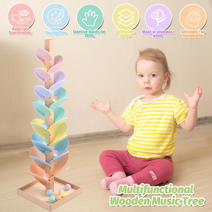 Marble Run Wooden Ball Drop Toys Toddlers 3-5 (Height: 27.8in) (1.1" Balls) | Wood Music Tree for 4-8 Toddlers Musical Game Montessori Toys Learning Color Sorting Sensory Toys for Boys Girls 8-12 Gift