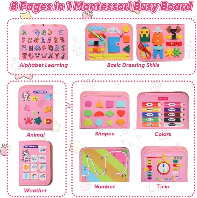 Unicorn Busy Book for Toddlers Ages 1-3, Educational Montessori Toys | 8-in-1 Educational Activity Board Sensory Travel Toy